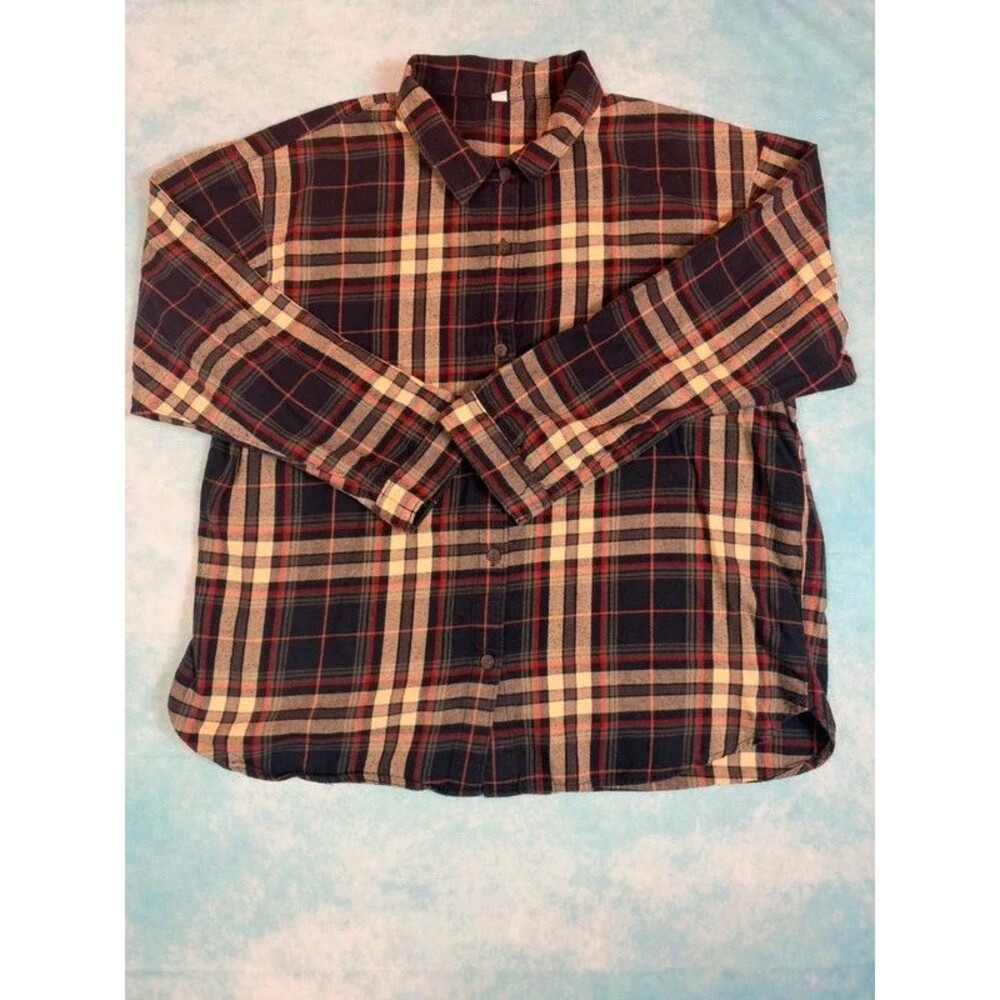 Uniqlo Women’s XL Navy Red Plaid Flannel Shirt 100% Cotton Button Up